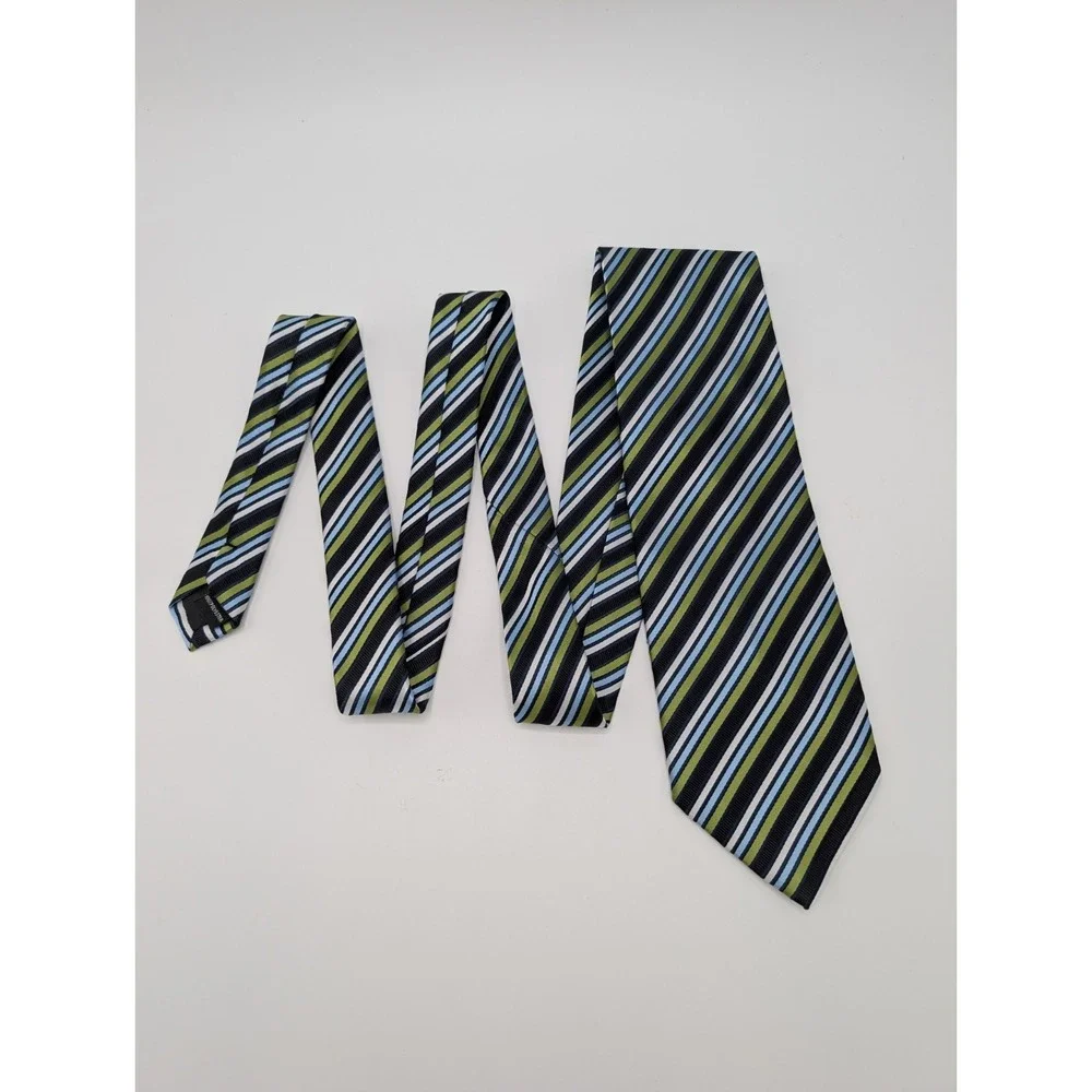 BERGAMO New York Handmade Mens Tie Blue Green Diagonal Stripe Polyester